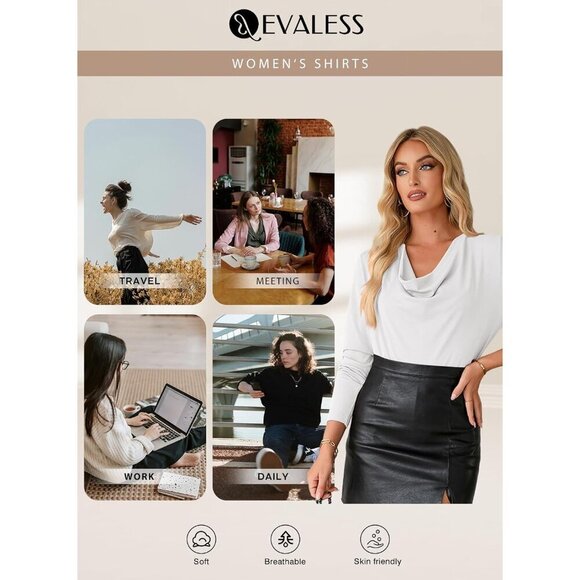 Women's Polyester Cowl Neck Top Loose Fit Long Sleeve Fall Casual Office - Picture 4 of 6